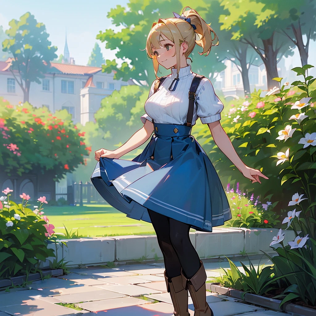 (high quality, High resolution, Very detailed, reality:1.37), Peaceful atmosphere, (Outdoor, garden), Teenage girl standing alone, (my breasts are big.), Beautiful details, Cute Smile, (Blonde Ponytail), Short sleeve ribbed sweater, Blue Skirt, Black tights, Brown boots.