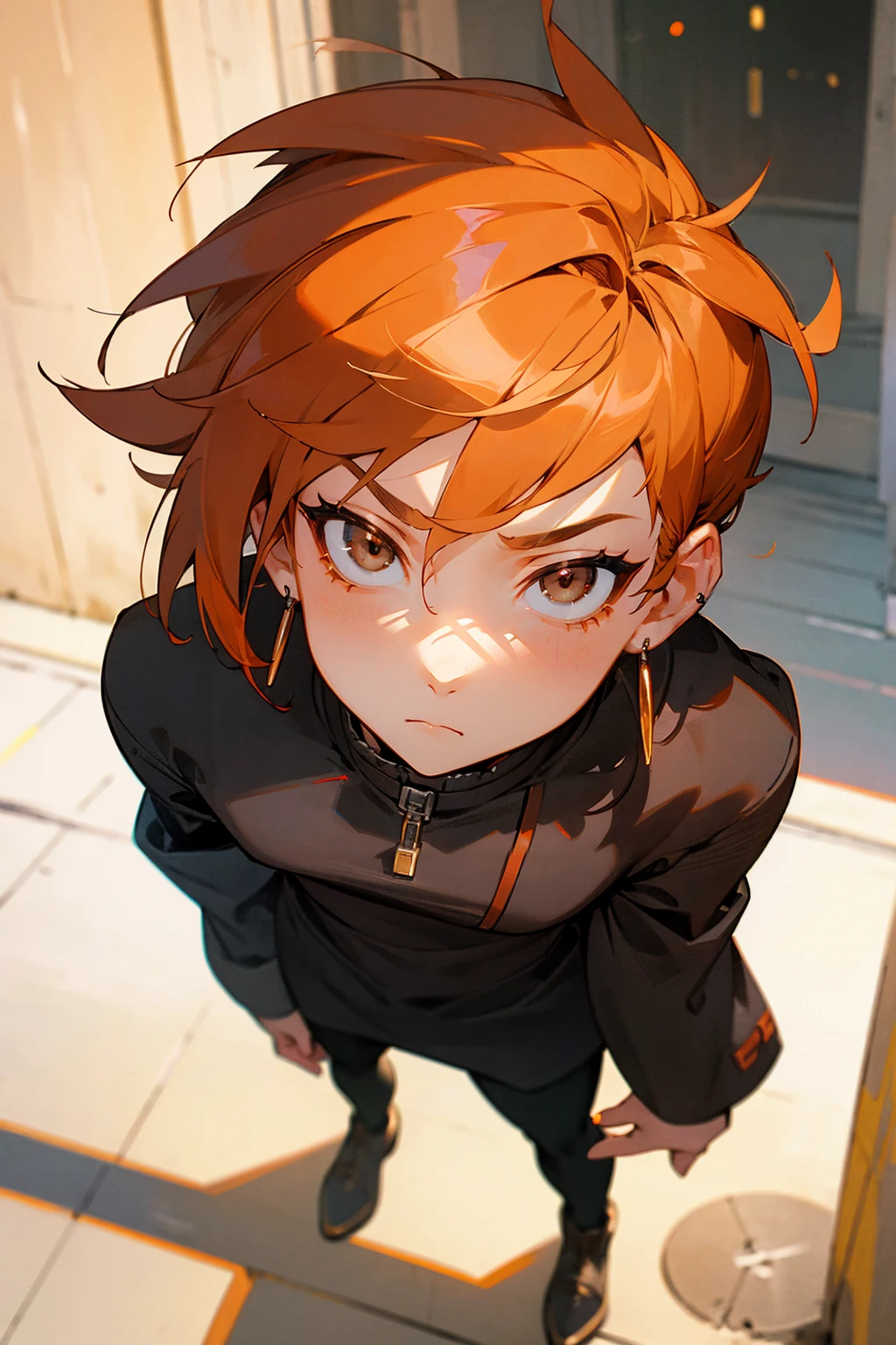 Masterpiece Quality, Perfect Generation, Sclera, Detailed Eyes, Skin, Hair, Muscular, Clothing, Calm Expression, , Street Background, Full Body, Skin, , , , facing viewer, Standing , Clothed, , Eyes, hair, , hair, hair, , , U , Male, , ,, , street clothing, , middle aged, Orange hair, Short Spiked Mohawk fade, Brown Eyes, Muscular, Earrings, Highlighted hair, Female
