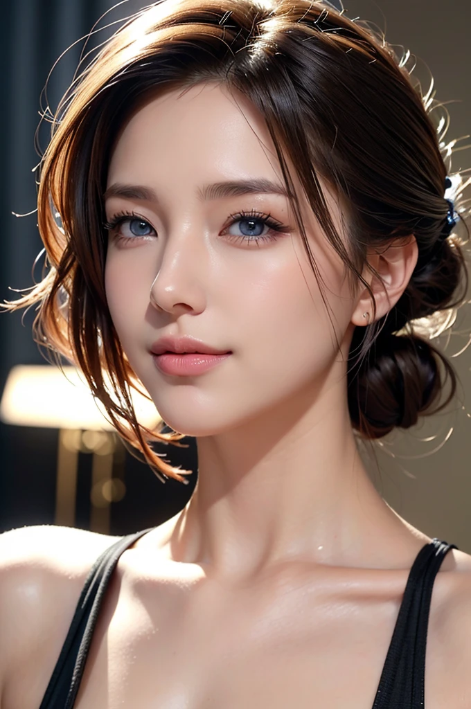 high-definition images, atmospheric perspective, 8k, super detail, accurate, best quality, a woman, ((hairstyles catalog for various ages, closeup her hair)), drooping eyes, hip, in the city, busy, skyscrapers, lounge with large windows, windows have harbor view, 