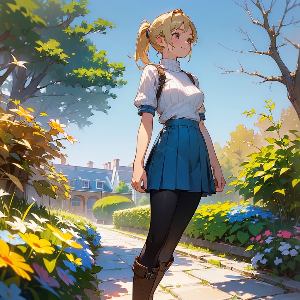 (high quality, High resolution, Very detailed, reality:1.37), Peaceful atmosphere, (Outdoor, garden),  girl standing alone, (my breasts are big.), Beautiful details, Cute Smile, (Blonde Ponytail), Short sleeve ribbed sweater, Blue Skirt, Black tights, Brown boots.