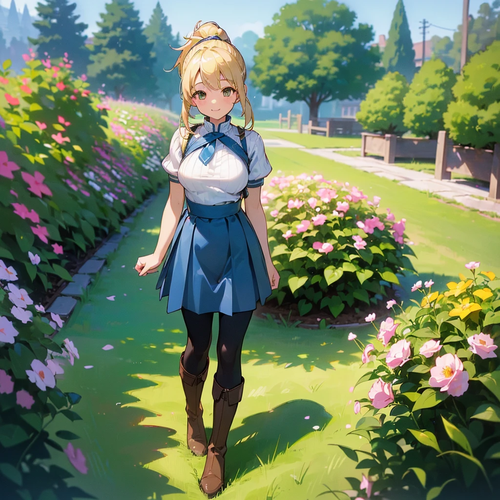 (high quality, High resolution, Very detailed, reality:1.37), Peaceful atmosphere, (Outdoor, garden),  girl standing alone, (my breasts are big.), Beautiful details, Cute Smile, (Blonde Ponytail), Short sleeve ribbed sweater, Blue Skirt, Black tights, Brown boots.