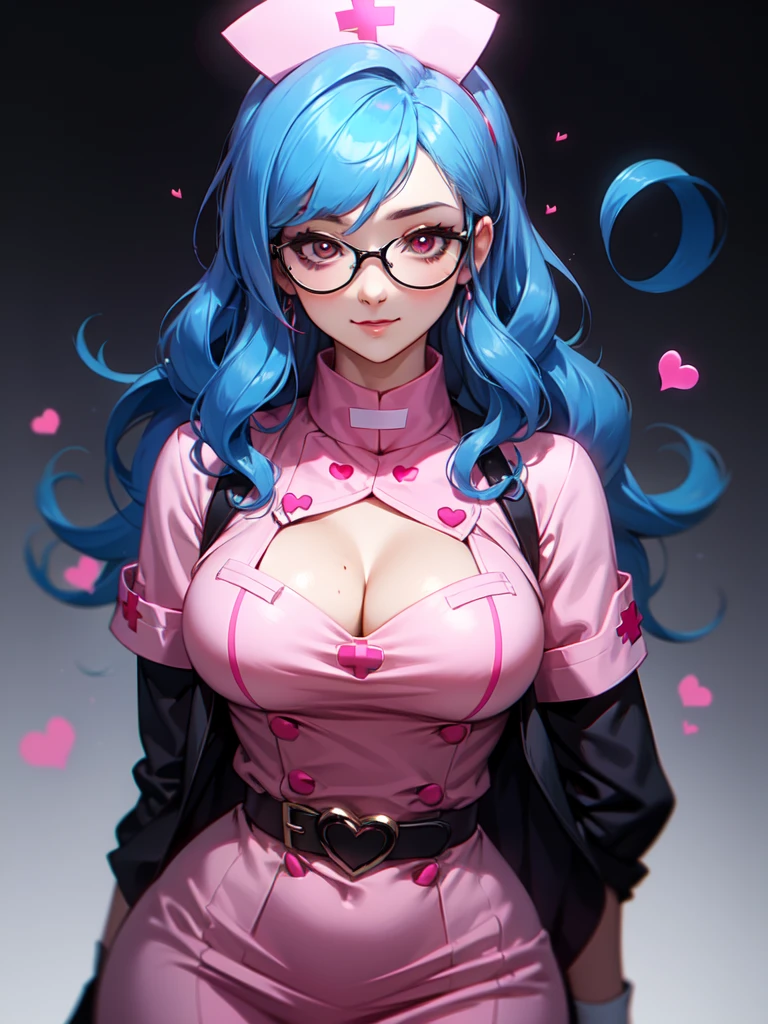 (((Portrait Photo))), She has the Appearance of a Caring and Professional Young Nurse, with a Voluptuous Figure that Radiates Kindness and Competence. Her Long, Wavy Blue Hair is Elegantly Styled, Falling Gracefully Over Her Shoulders and Framing Her Gentle Face. Her Large, Red Eyes, Enhanced by Glasses, Reflect a Deep Compassion and Warmth, Inviting Trust and Comfort. Her Expression is Soft and Understanding, with a Hint of a Smile that Conveys Reassurance and Dedication. (((High Quality, Dark Background))), (((Portrait Photo))), (((Sexy Pink Nurse's Uniform Accentuates Her Curves))), (((Slightly Reveals Her Chest))), (((Heart-shaped Pupils))), (((Wavy Blue Hair)))