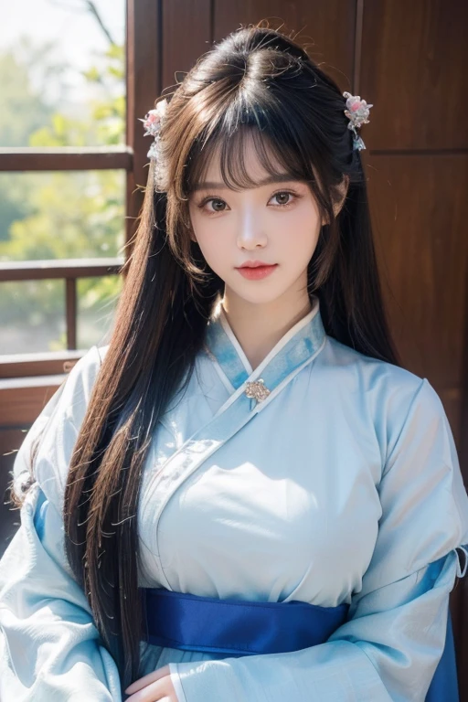 ((masterpiece、best quality))、shape、super detailed、8k、actual、sharp focus、Very detailed、professional lighting、spotlight、Colorful details、Detailed texture，A stunningly beautiful girl，Wearing a transparent hanfu，(most suitable hairstyle:1.4)、(in the most helpful way:1.3)、(Half-length photo:1.4)、big breasts、perfect style、Body、18 years old、Smile、