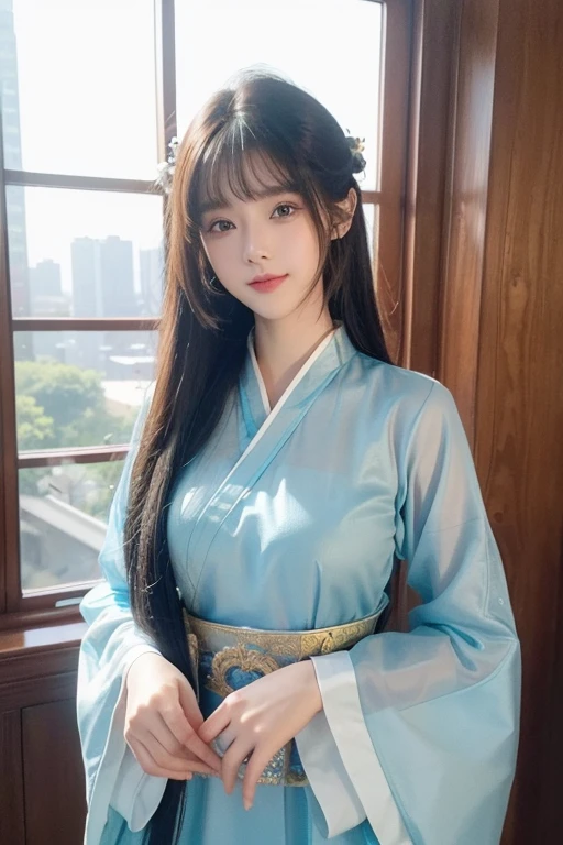 ((masterpiece、best quality))、shape、super detailed、8k、actual、sharp focus、Very detailed、professional lighting、spotlight、Colorful details、Detailed texture，A stunningly beautiful girl，Wearing a transparent hanfu，(most suitable hairstyle:1.4)、(in the most helpful way:1.3)、(Half-length photo:1.4)、big breasts、perfect style、Body、18 years old、Smile、