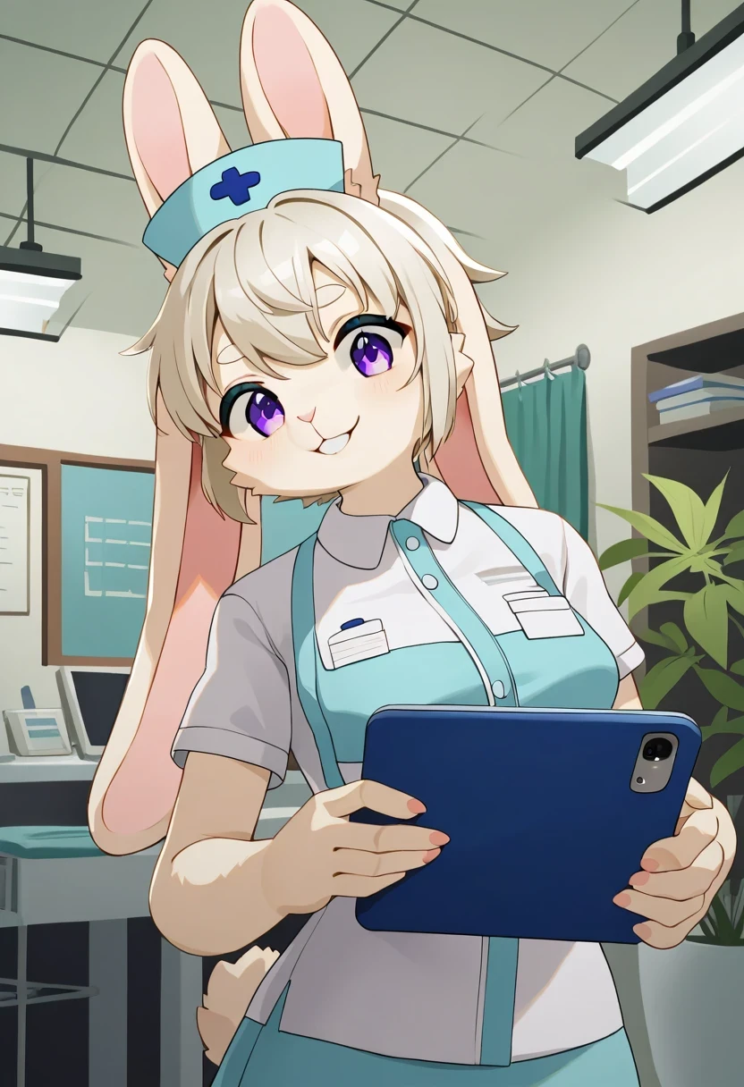 ((Masterpiece)), ((Best Quality)), (Very Detailed), ((Very Detailed)), 4K, (8K), very aesthetic, absurdres highres, 1 girl, (anthropomorphic Rabbit, furry, kemono:1.5), A scene in which a nurse wearing a white uniform is inputting data on a computer at a nursing station illuminated by bright white lights. A hospital hallway can be seen in the background, with clean, calming tones throughout. The nurse's smile and professional attitude are emphasized, and computers and documents are neatly lined up.