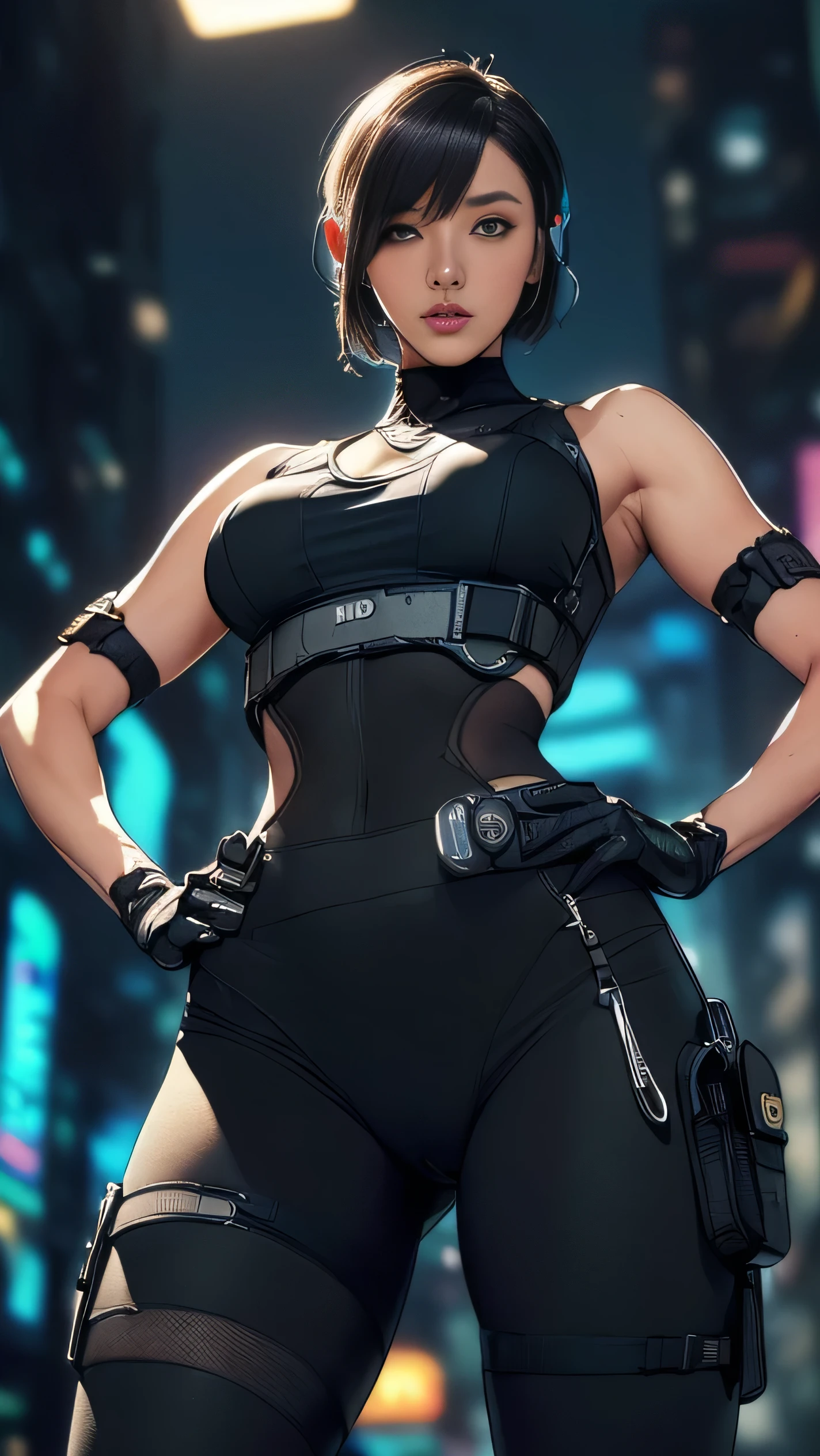 (A woman),(((Future female police officer standing))),((Black tactical tights:1.5)),((Camel toe:1.5)),((earphone:1.5)),((Tactical Holster:1.5)),(Gloves:1.5),(((Hands on Hips:1.5))),(front:1.5),(From below:1.2),(Super short hair:1.5),(bionde:1.5),(beautiful eyes:1.3),(Very detailedな顔:1.5),((Very detailed drawing of a female hand:1.5)),((muscular:1.5)),(Sexy look:1.5),((Thick thighs:1.5)),(Beautiful Body:1.5),((Very sensual:1.5)),(The backdrop is a futuristic city:1.5),(Cyberpunk atmosphere:1.5),(((Blurred Background:1.5))),(Written border depth:1.5),rest(((masterpiece:1.5),(best quality:1.5),(Very detailed:1.5),(high resolution:1.5),(Practical:1.5),(Practical:1.5),(Delicate depiction),(Carefully drawn))),8k,wallpaper