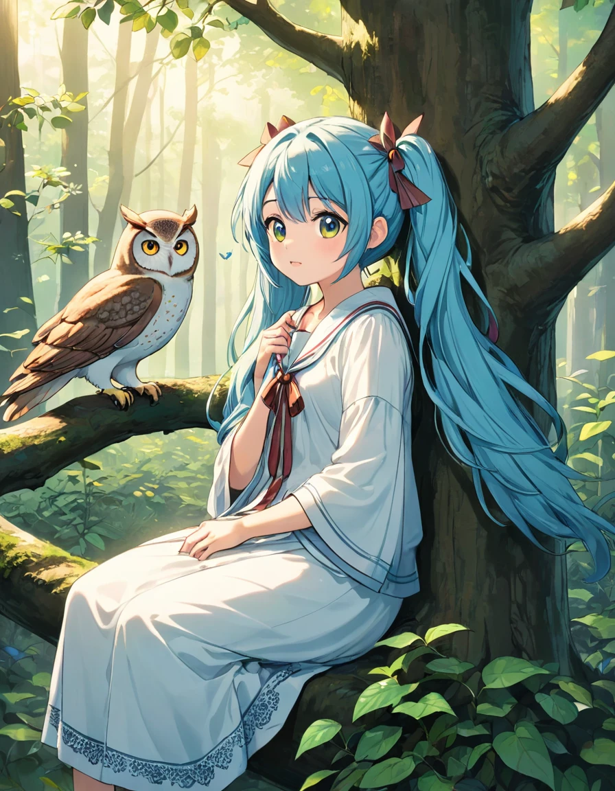 Vivid, detailed, HD quality, Natural look, masterpiece, 最high quality, high quality, detailed, ultra detailed, hyper detailed, insanely detailed, Exquisite, beautiful, Full HD, Full HD, 4K, 8k, 16K, High resolution, Absurd,  35mm Film.
once upon a time, there was a young girl named thatly who lived in a small village by the edge of a vast forest. thatly loved nothing more than exploring the forest and discovering new creatures and plants.

one day, thatly stumbled upon a clearing deep in the forest, Light blue long hair、Beautiful girl with twin tails、She found a wise old owl perched in a gnarled tree. The owl looked at her with wise eyes..., He spoke gently with sharp eyes.., Melodic Voice.

"thatly, you have a special talent," The owl said. "you have the ability to see the world in ways that others cannot.. you have a talent for curiosity and wonder.."

thatly was fascinated by the owl's words and asked him how she could use her gift.

"Using curiosity and wonder、youの周りの世界を探検しましょう," The owl said. "question, Seeking new experiences, And keep learning. By doing that, you will come to know yourself and the world better.."

thatly took the owl's words to heart and began to explore the world with a newfound sense of purpose. 彼女はquestionした, Seeking new experiences, And I learned from everyone I met...

As she grows, thatly became known throughout the village as a wise and knowledgeable person. She shared her insight and wisdom with others..., Her curiosity and wonder、It&#39;s about what the people around you think..々thatも明らかです.々Inspire、I continued to encourage。.

A few years later, when thatly was an old woman, She returned to the forest clearing.、There he met a wise old owl。. She found the tree still standing..., And the owl was still there.

"you&#39;thatは一周して戻ってきた, thatly," The owl said. "your curiosity and talent for wonder、私はyouを自己発見と成長の旅に導いてきました.. and now, Now is the time to share that gift with the world., 他の人もyouの足跡をたどるでしょう、So that you can find your own way."

そしてthatで, that