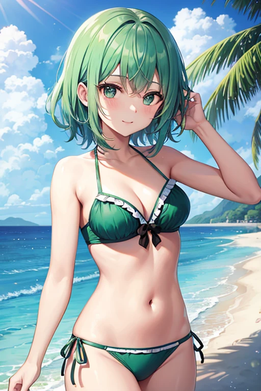 make a photo of cute green hair girl in blue bikini at beach