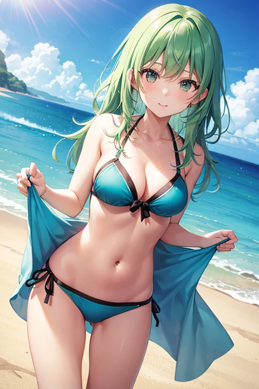 make a photo of cute green hair girl in blue bikini at beach