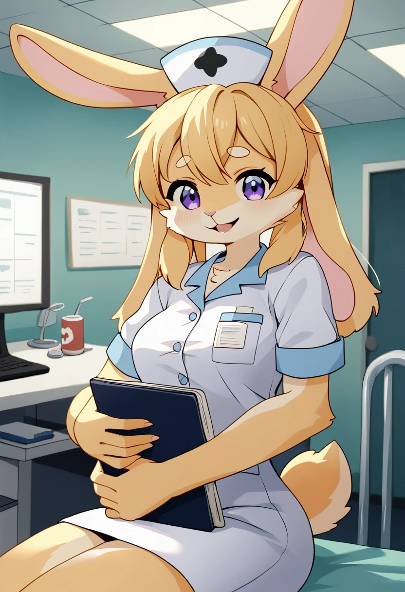 ((Masterpiece)), ((Best Quality)), (Very Detailed), ((Very Detailed)), 4K, (8K), very aesthetic, absurdres highres, 1 girl, (anthropomorphic Rabbit, furry, kemono:1.5), A scene in which a nurse wearing a white uniform is inputting data on a computer at a nursing station illuminated by bright white lights. A hospital hallway can be seen in the background, with clean, calming tones throughout. The nurse's smile and professional attitude are emphasized, and computers and documents are neatly lined up.