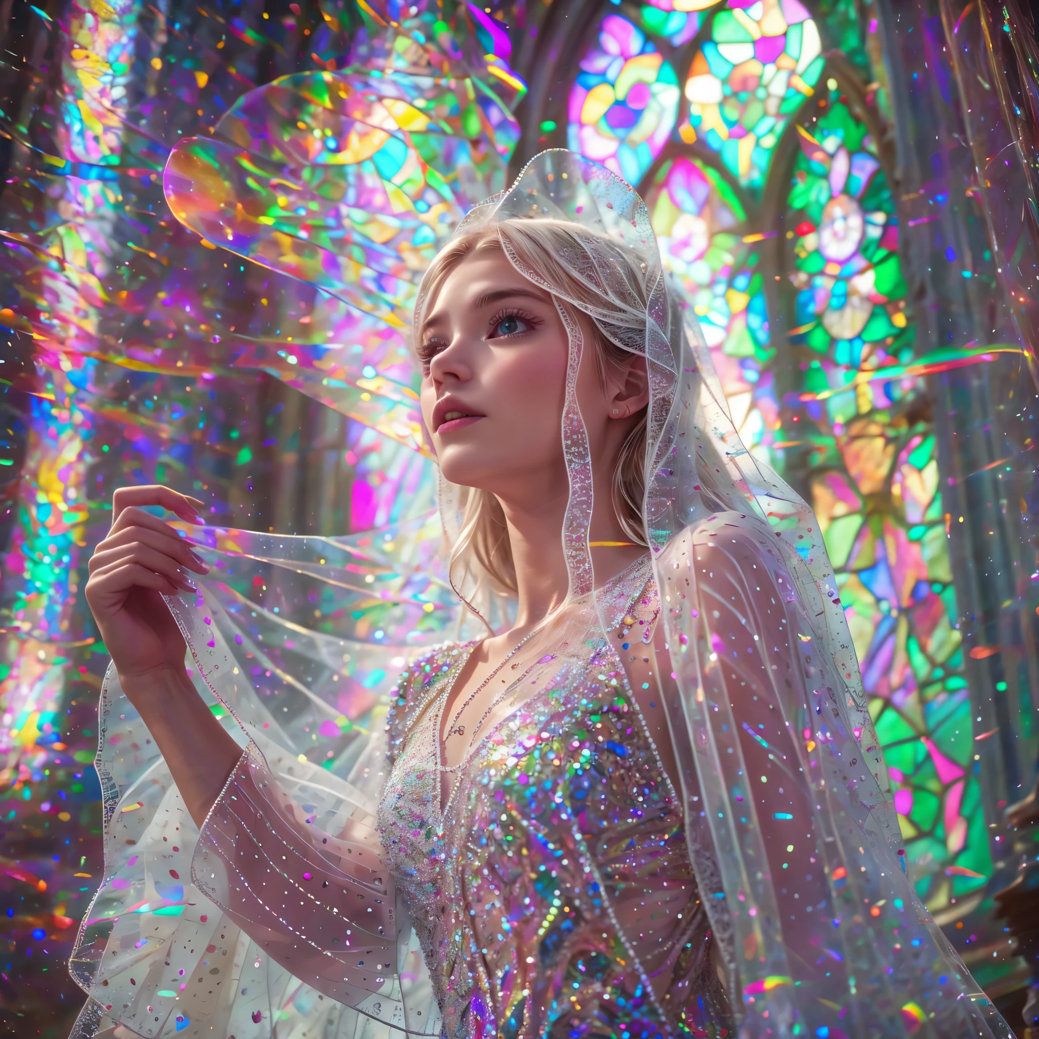 (Cathedral from below:1.28)  (BokeH ZoomLayer) ((TopQuality 8K masterpiece of (Professional photo:1.37))), (((Clarisse de Cagliostro))) (Detailed White WeddingDresses), Chain, (CloseUp of (Extremely detailed (KAWAII face))) {((VeiledFace))|BlondeHair|(Elaborate BuleEyes)with(SparklingHighlights:1.28)}, The background is distant (((Elaborate stained glass))) Rainbow Glass, {(MysticSight)|EnchantingAtmosphere|Haze|(GodRays)|TyndallEffect}, Radiant PearlSkin with Transparency, (Exposed:0.99), BluB