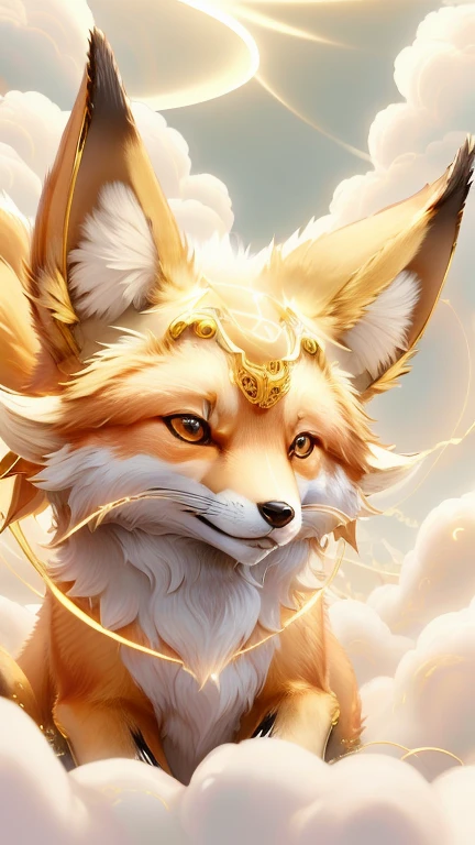 god々Cute fox１animal、Aura of Gold,Looking into the camera、Look at this、Background gold、Floating in the clouds