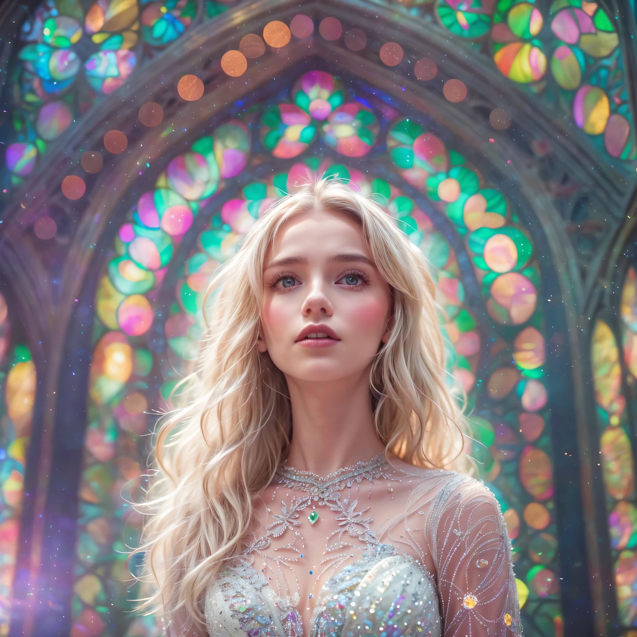 (Cathedral from below:1.28) (BokeH ZoomLayer) ((TopQuality 8K masterpiece of (Professional photo:1.37))), (((Clarisse de Cagliostro))) (Detailed White WeddingDresses), Chain, (CloseUp of (Extremely detailed (KAWAII face))) {((VeiledFace))|BlondeHair|(Elaborate BuleEyes)with(SparklingHighlights:1.28)}, The background is distant (((Elaborate stained glass))) Rainbow Glass, {(MysticSight)|EnchantingAtmosphere|Haze|(GodRays)|TyndallEffect}, Radiant PearlSkin with Transparency, (Exposed:0.99), BluB