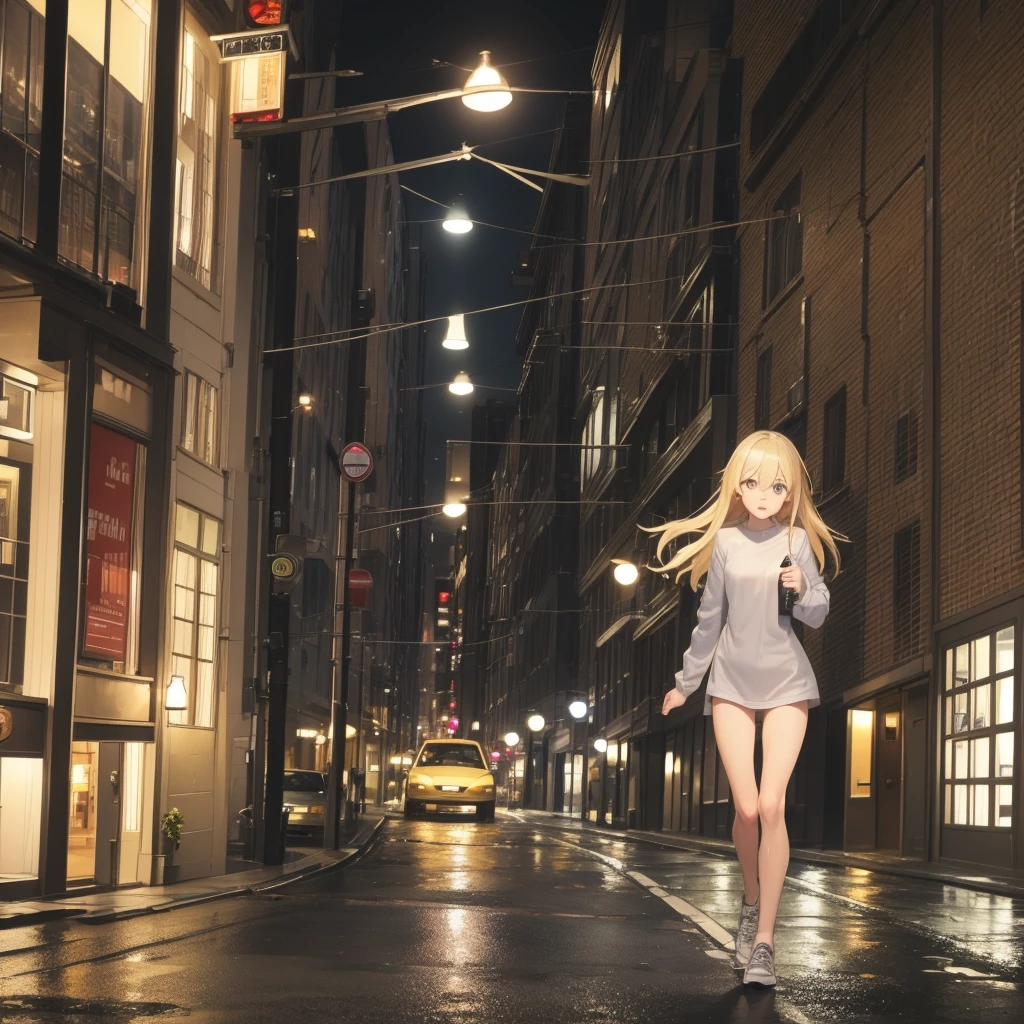 blonde girl, semi new, running in the street, Raby, Grieving, natta, wet, car headlight, city lights