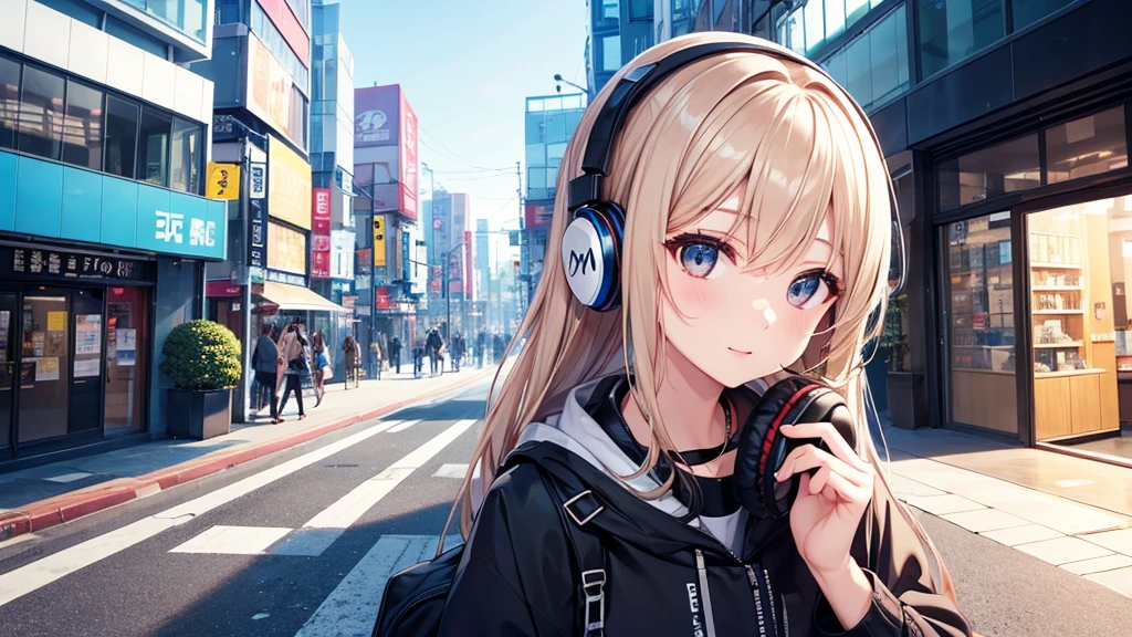 A stylish girl wearing headphones and fashionable clothes is depicted traveling through Osaka. Her upper body is shown, with her face turned to the side. The surrounding scenery features a distinctive view from Osaka, but there are no words on any signs or in the background