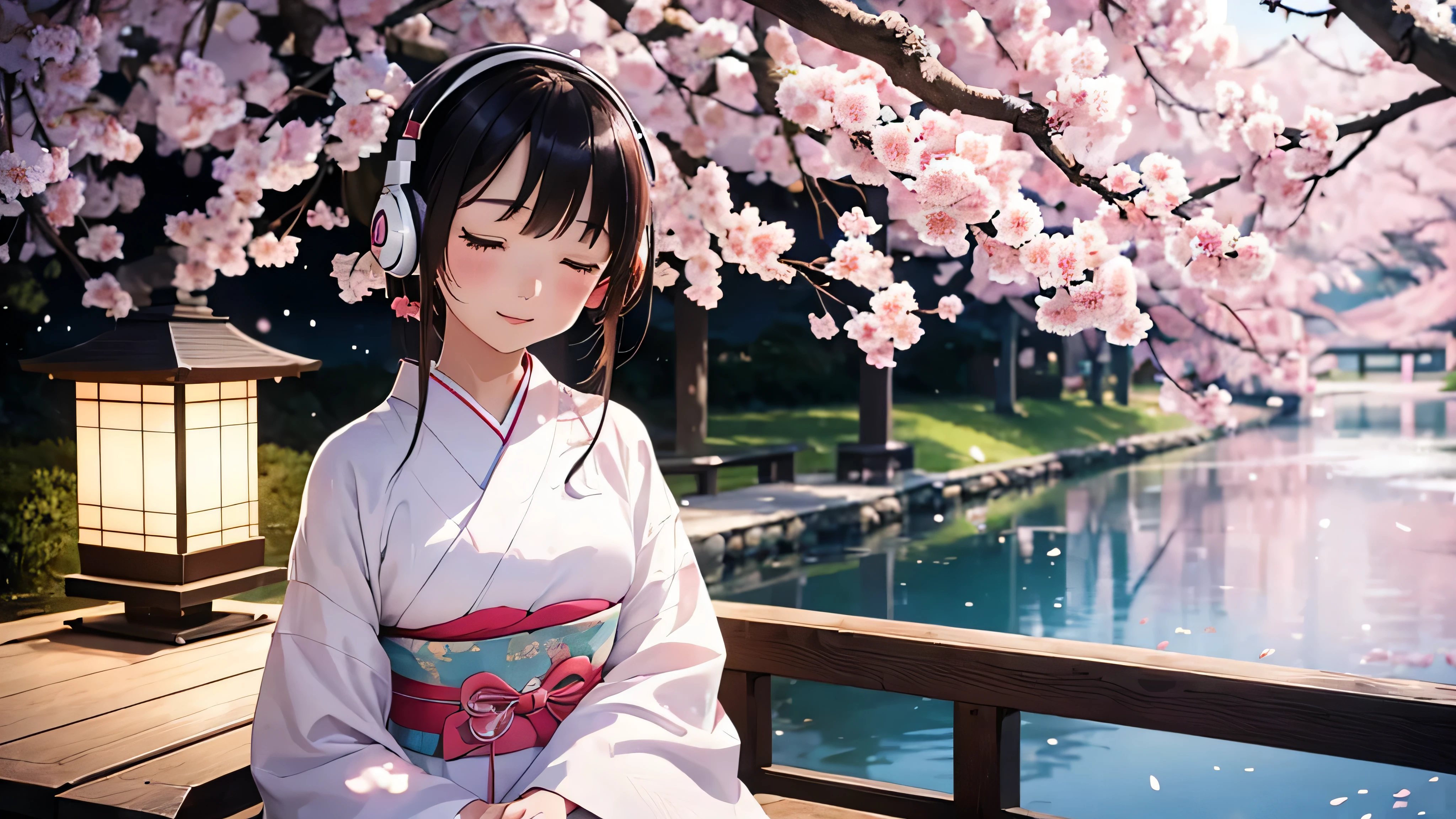 A young Japanese woman in a pure white kimono sits on a wooden bench beneath a cherry tree in full bloom. The night is serene, and the moon illuminates her face in an expression of deep peace. She wears pastel pink headphones, her eyes closed, as cherry petals gently fall around her.8k.4k