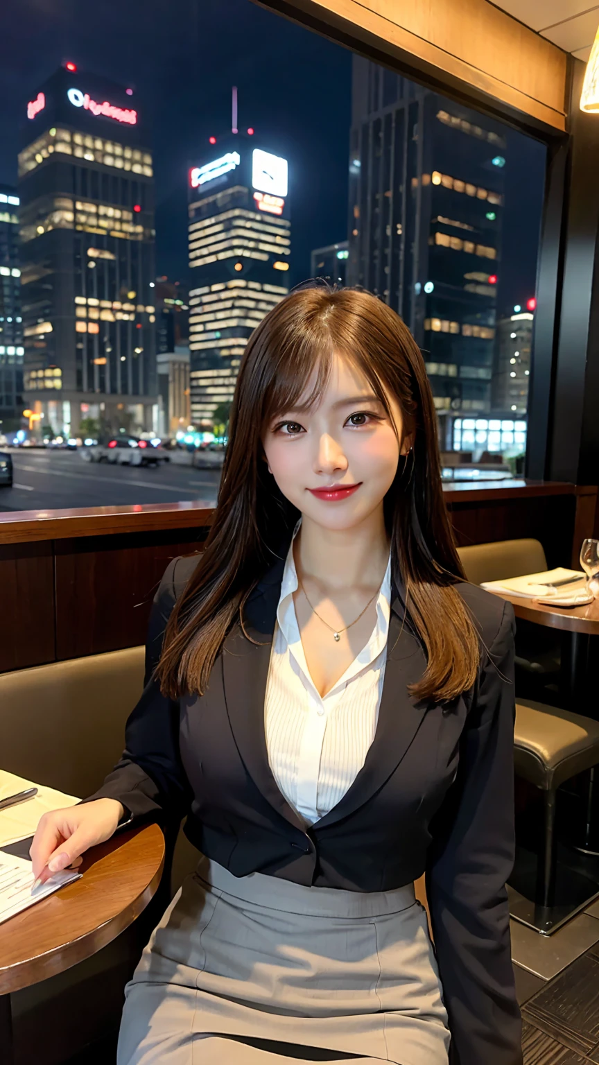 highest quality, masterpiece, 8K, ultra high resolution, (realistic: 1.4), beautiful face, symmetrical eyes, Japanese, 20 years old, brown hair, smile, wearing makeup, high-definition images, atmospheric perspective, super detail, accurate, large breasts , best quality, (angle from under the table), secretary , ( blouse, blazer, pencil
skirt:1.3), 1 girl, drooping eyes, sleepy face, blush, in the city, busy, skyscrapers, restaurant with large windows, takes a seat, night scene, windows have harbor view, foods, romantic dinner , girlfriend