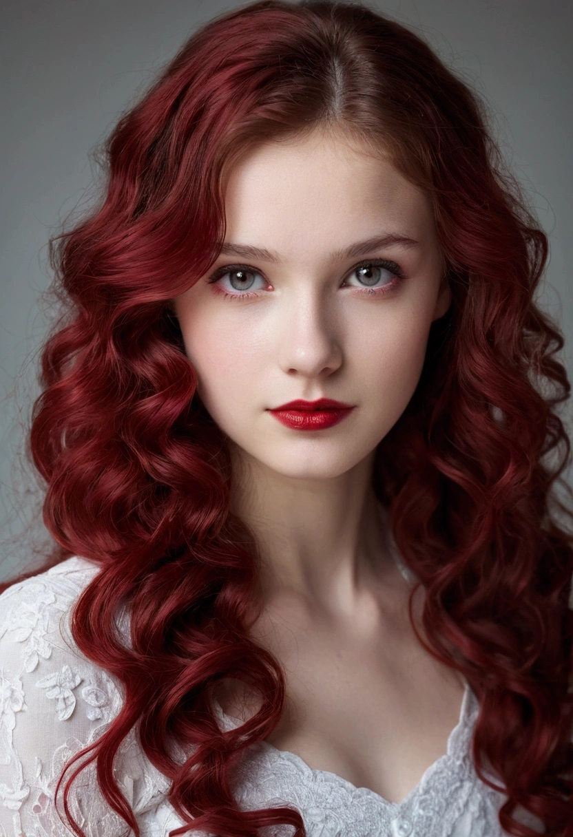Adorable and innocent face, fair skin, long wavy hair, slender European young woman, pure white and blood red color theme