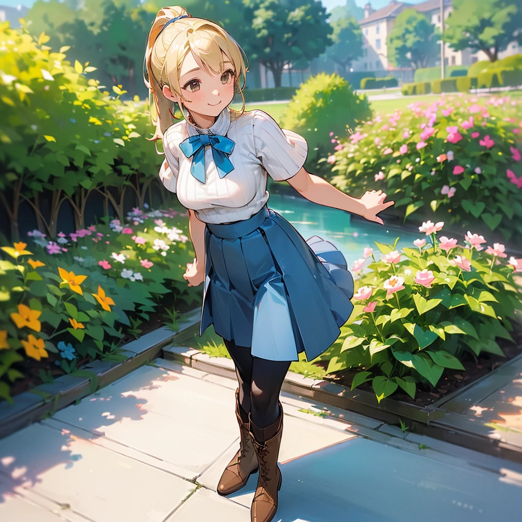 (high quality, High resolution, Very detailed, reality:1.37), Peaceful atmosphere, (Outdoor, garden), Teenage girl standing alone, (my breasts are big.), Beautiful details, Cute Smile, (Blonde Ponytail), Short sleeve ribbed sweater, Blue Skirt, Black tights, Brown boots.
