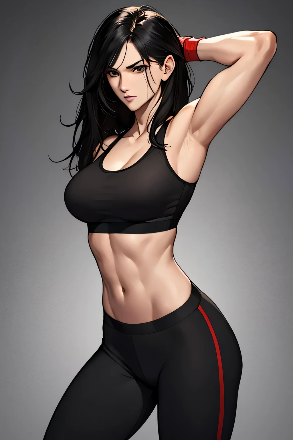 masterpiece, best quality, high quality, highres, Woman boxer, long black hair, handsome face, boxing gloves, sports bra, toned, boxing stance, long black pants, looking at viewer
