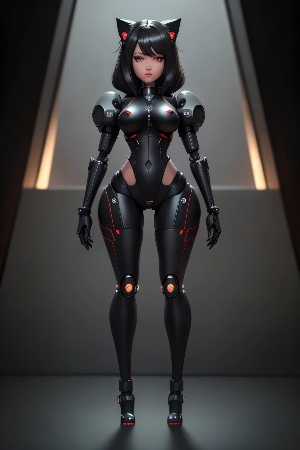 A female robot in the form of a black cat It has cat ears and a mechanical arm tail mechanical legs Mechanical fuselage Lurking in the dark, nffsw, retinas, tabletop, precise, anatomically correcte, texturized skin, super verbose, High details, high qualiy, best quality, high resolution, extremely sexy.
