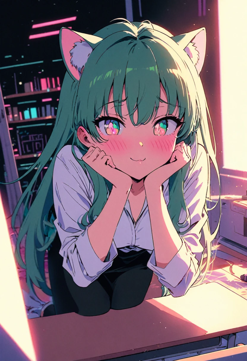 (masterpiece) best quality, expressive eyes, perfect face, high contrast between light and shadow, hatch shading, vivid colors, volumetric light, cinematic light, lens flare, depth of field, neon lights, 1girl, cat ears, green hair, straight long hair, snake irirs, blush, smug face, shiny skin, white shirt, (black skirt:1.4), round hips, (black nylon leggins:1.4), view from above, (lying on stomach on top of a desk:1.4), flirty pose, hand stretched forward, in an office, detailed office backgrounds, scene, retro style, 1990s (style), flat color, kawaiitech, pastel colors, kawaii, cute colors