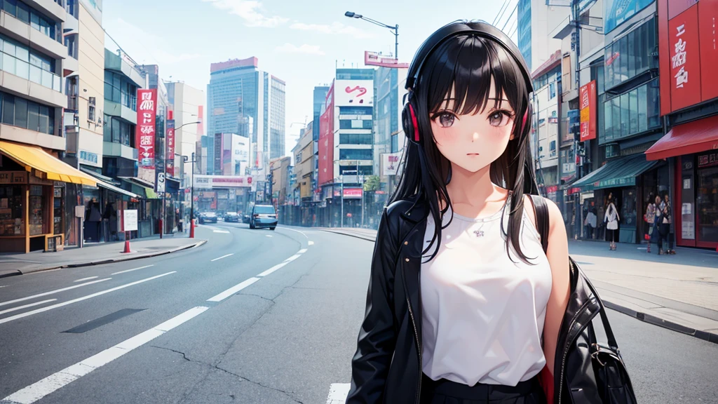 A girl with black hair, depicted in detailed fashion, is traveling through Osaka. She is wearing headphones and stylish clothing, with her upper body shown and her face turned to the side. The surrounding scenery features a distinctive view from Osaka, without any text on signs or in the background