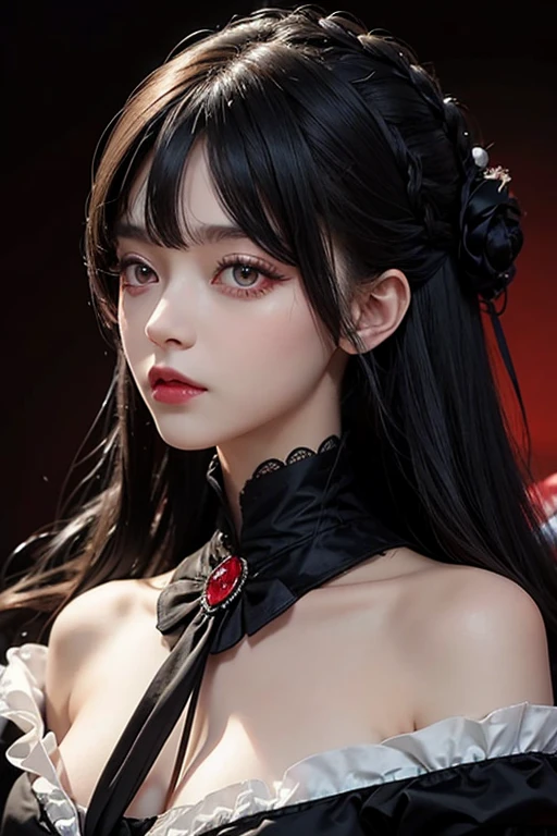 1 female, black hair, Red eyes, victorian dress