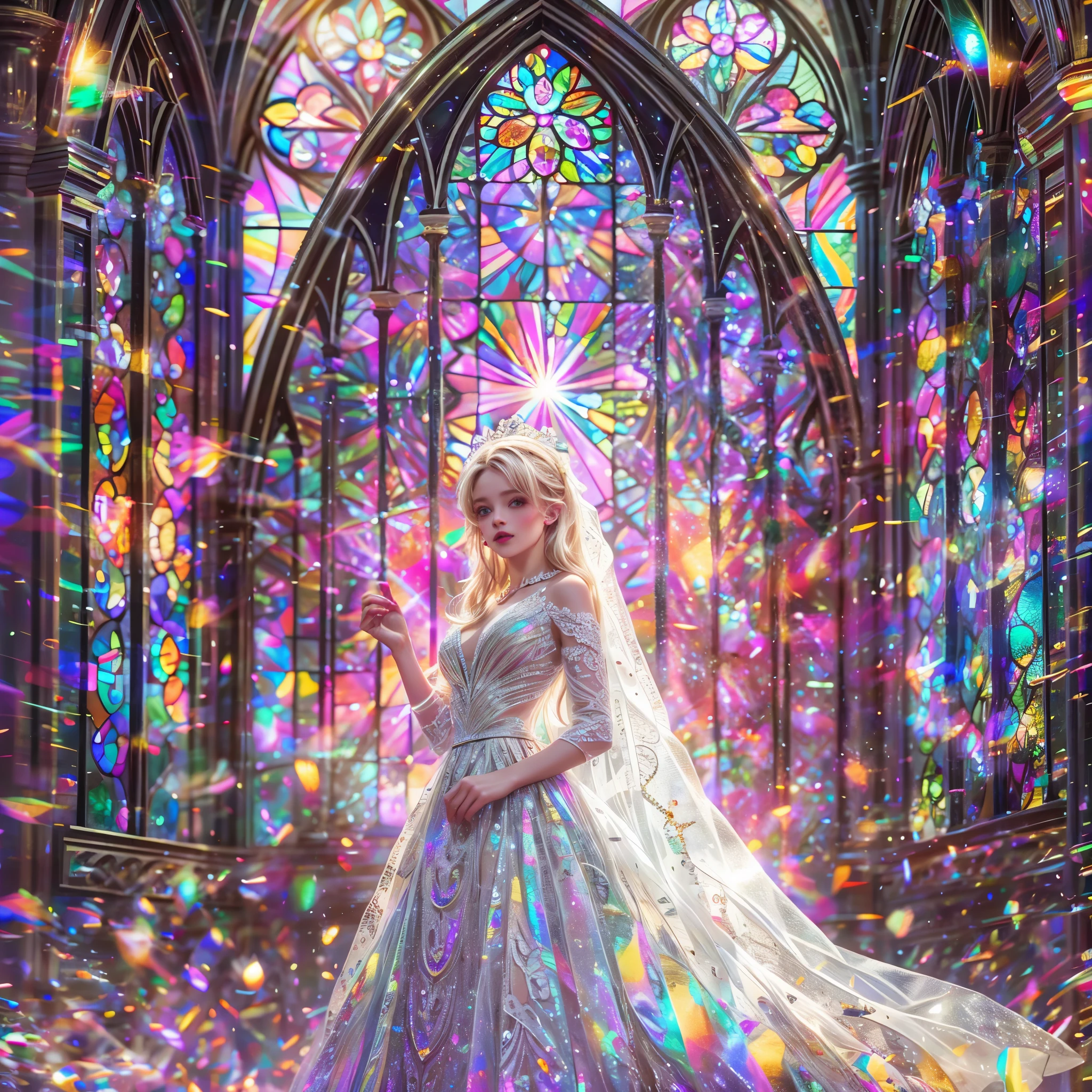 (Cathedral from below:1.28)  (BokeH ZoomLayer) TopQuality 8K masterpiece of ((Professional photo)), (((Clarisse de Cagliostro))) (Detailed White WeddingDresses), Chain, (CloseUp of (Extremely detailed (KAWAII face))) {((VeiledFace))|BlondeHair|(Elaborate BuleEyes)with(SparklingHighlights:1.28)}, The background is distant (((Elaborate stained glass))) Rainbow Glass, {(MysticSight)|EnchantingAtmosphere|Haze|(GodRays)|TyndallEffect}, Radiant PearlSkin with Transparency, (Exposed:0.98), BluB