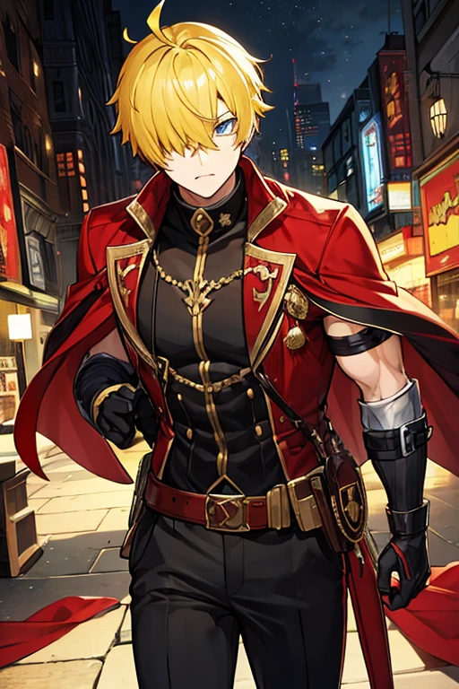 man, short yellow hair, red hood that covers his eyes, black gloves, muscular
