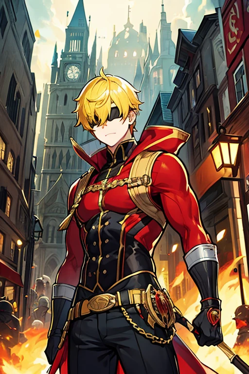 man, short yellow hair, red hood that covers his eyes, black gloves, muscular