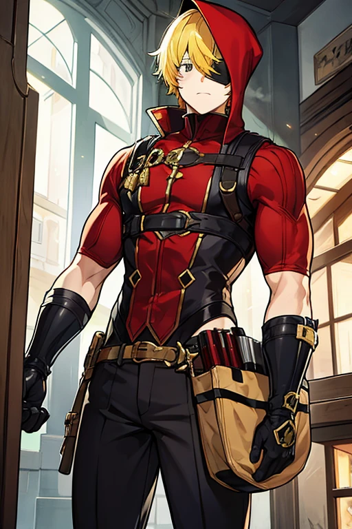 man, short yellow hair, red hood that covers his eyes, black gloves, muscular