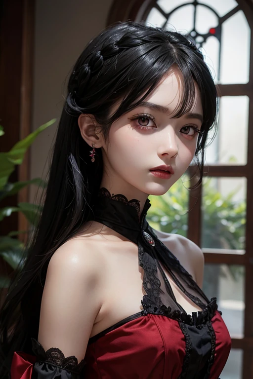 1 female, black hair, Red eyes, victorian dress