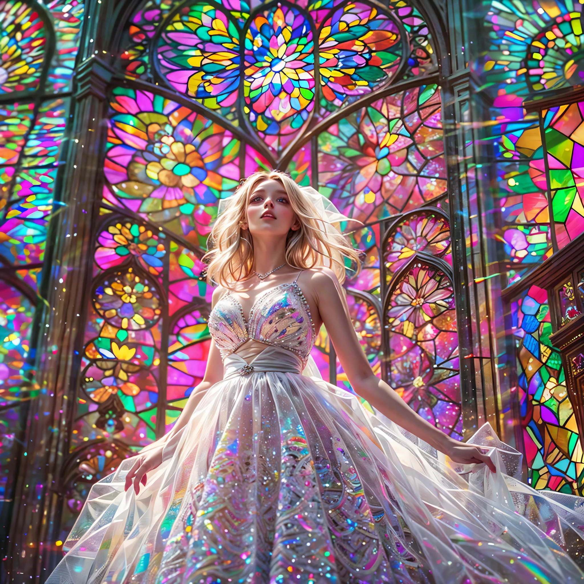 (Cathedral from below:1.28)  (BokeH ZoomLayer) TopQuality 8K masterpiece of ((Professional photo)), (((Clarisse de Cagliostro))) (Detailed White WeddingDresses), Chain, (CloseUp of (Extremely detailed (KAWAII face))) {((VeiledFace))|BlondeHair|(Elaborate BuleEyes)with(SparklingHighlights:1.28)}, The background is distant (((Elaborate stained glass))) Rainbow Glass, {(MysticSight)|EnchantingAtmosphere|Haze|(GodRays)|TyndallEffect}, Radiant PearlSkin with Transparency, (Exposed:0.98), BluB