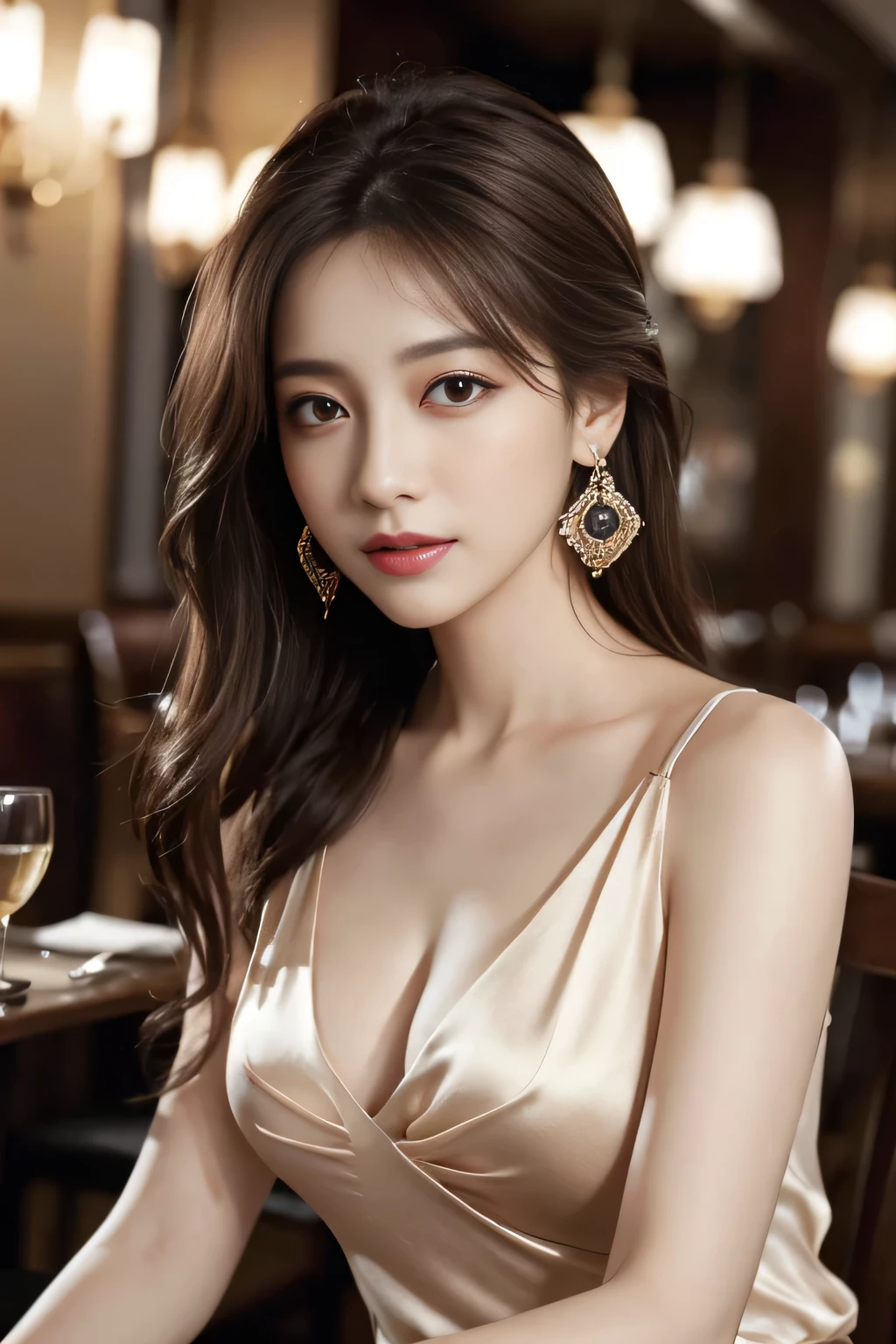 masterpiece, Highest quality, Realistic, Very detailed, Finer details, High resolution, 8k wallpaper, One beautiful woman, Wear a pretty colored silk shirt, In a great restaurant, At night, Light brown messy hair, Perfect dynamic composition, Beautiful and beautiful eyes、Big earrings、chest、Sleeveless shirt、