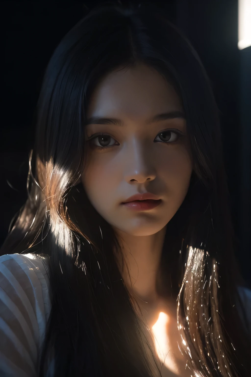 (Front focus), (in the darkness:1.6), Surrealist Portraits of Women by David Hockney and Alphonse Mucha, A woman，Pretty Face，Mixed Race，Fantasy Art, Photo-real, Dynamic Lighting, Artistic Photo, poster, Volumetric Lighting, Very detailed faces, 4K,  in the darkness, Deep Shadows, Low profile, Long hair