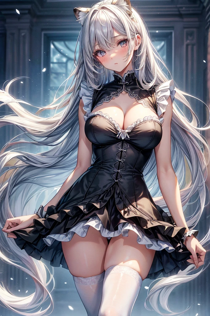 highest quality, ultra high resolution, super detailed, gorgeous, masterpiece, best quality, high resolution finely detailed, extremely beautiful, distinct image, Frilly French Maid uniform, hourglass figure, 1 girl, 21 years old, soft and beautiful facial features, symmetrical face, golden colored eyes, innocent doe shaped eyes, D-cup breasts, tall height(185cm), slim curvy body, athletic and flexible physiques, flowing snow-white hair, narrow waist, long legs, modern times background, snow-white skin, hip-level shot, snow-white feline tiger ears, white striped tiger tail protruding out her back,