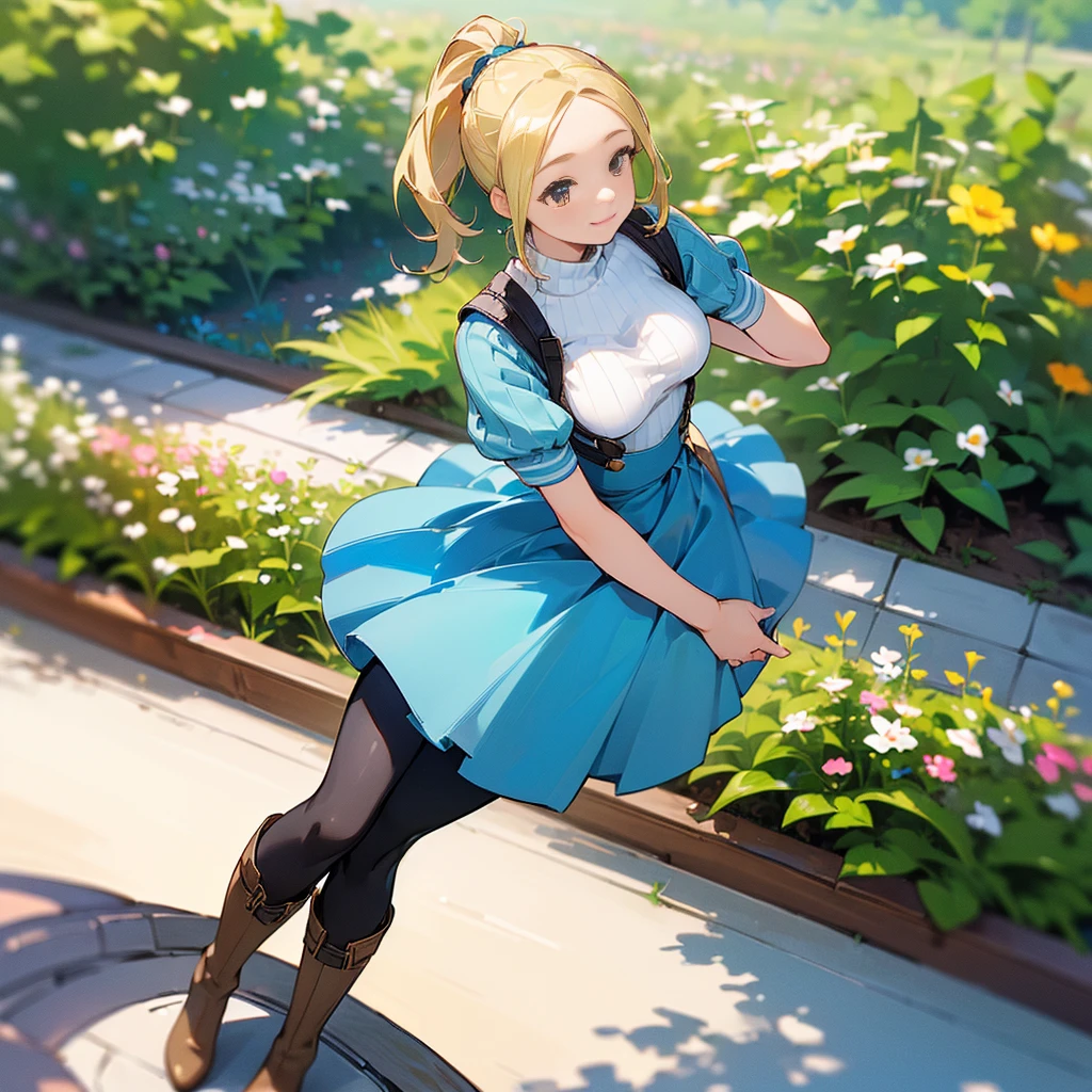 (high quality, High resolution, Very detailed, reality:1.37), Peaceful atmosphere, (Outdoor, garden), Teenage girl standing alone, (my breasts are big.), Beautiful details, Cute Smile, (Blonde Ponytail), Short sleeve ribbed sweater, Blue Skirt, Black tights, Brown boots.