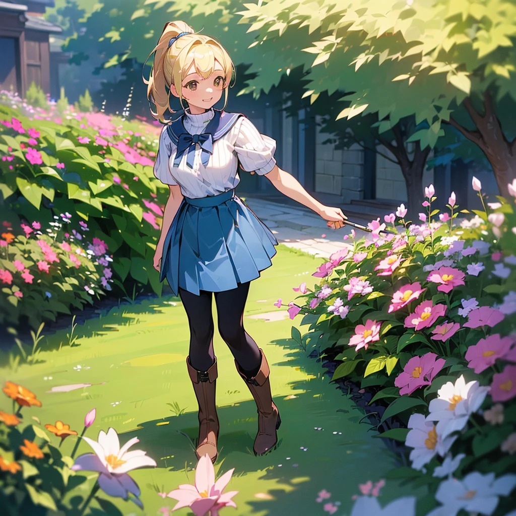 (high quality, High resolution, Very detailed, reality:1.37), Peaceful atmosphere, (Outdoor, garden), age girl standing alone, (my breasts are big.), Beautiful details, Cute Smile, (Blonde Ponytail), Short sleeve ribbed sweater, Blue Skirt, Black tights, Brown boots.