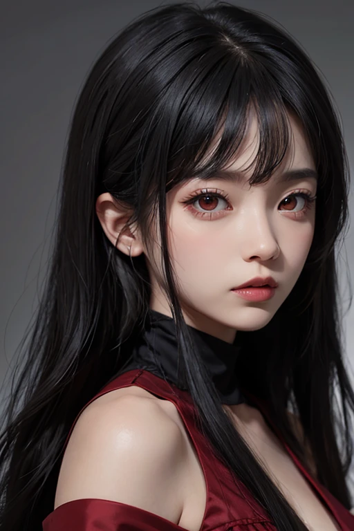 1 female, black hair, Red eyes, old dress