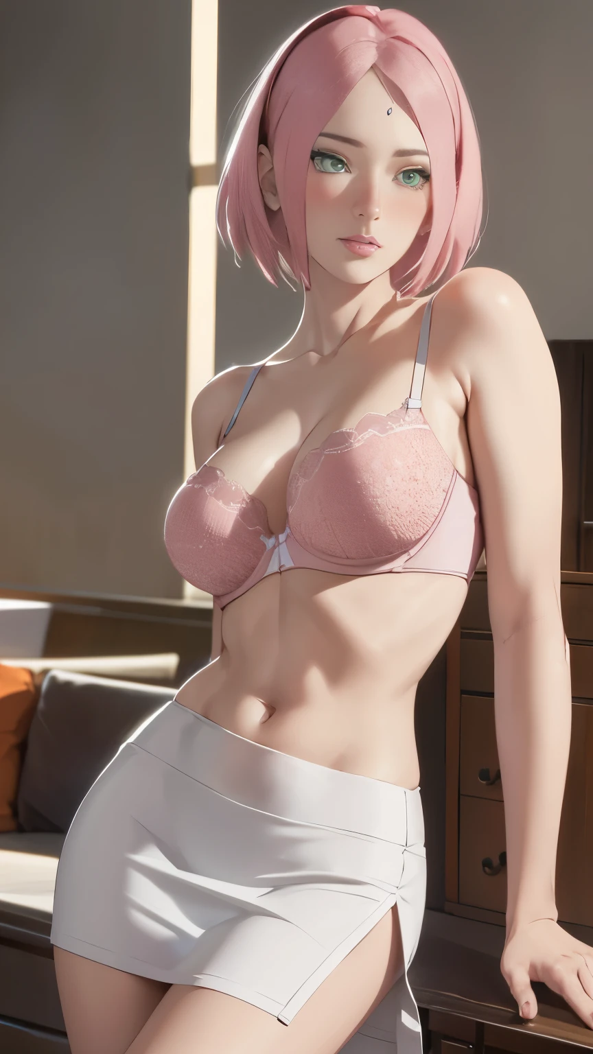 masterpiece, absurdities, sakura\(Boruto\), 1 girl, Alone,mature woman, detailed bra lenjerie, detailed black thong lenjerie, using detailed sexy white skirt, shirtless, sexy skirt), perfect composition, detailed lips, mama, beautiful face, body proportion, blush, (pink lips), short hair,  green eyes,  soft look,  super realistic, detailed, Photoshoot, realistic face and body, thighs, Whole body, erotic pose, PROVOCATIVE POSE, waiting sex pose