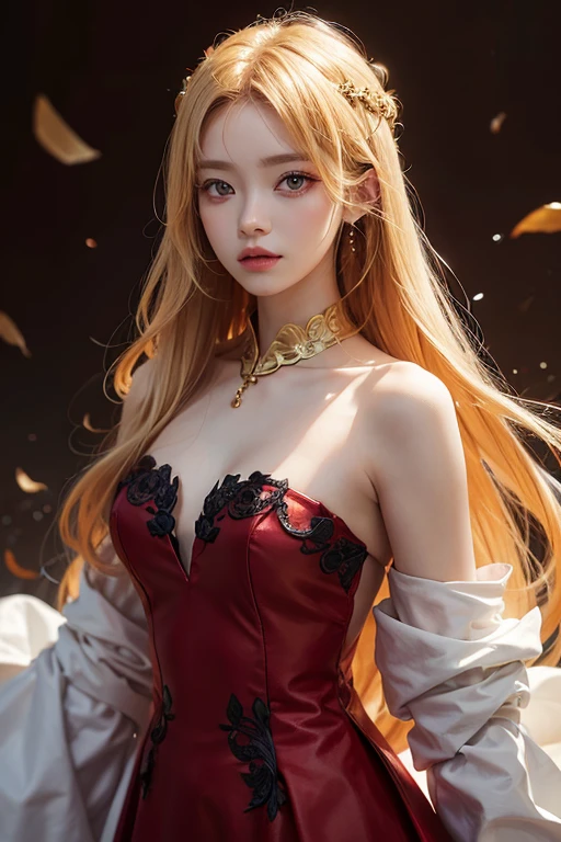 1 female, Golden hair, Red eyes, old dress
