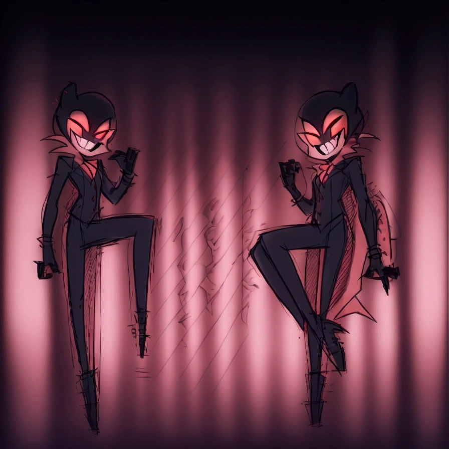 Grimm Snagglepuss, red eyes, pink fur, evil Happy, looking at viewer, Galaxy, Style of Helltaker