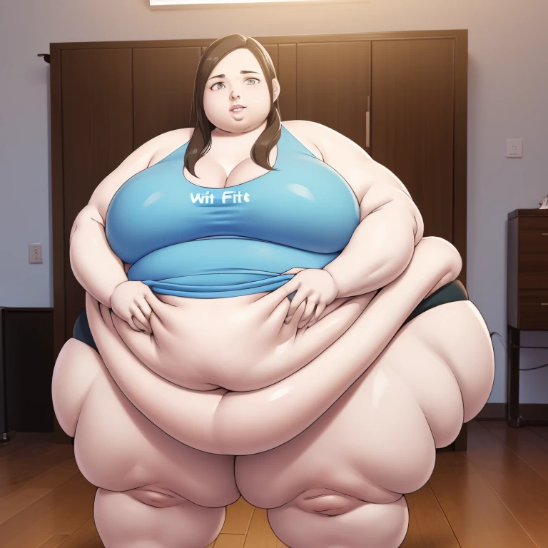 Wii fit trainer, a woman, thick body, extremely white skin, a tall and curvy figure, highres, and a hyper massive voluptuous body. She has large thick fat breasts, (gigantic breasts,  1.5), she has thick breasts, an extremely thick giant fat enormous sexy huge humongous gigantic ass, thick figure. The woman has cute long gray hair, detailed eyes, gray eyes. She has a seductive expression, ahegao expression, moaning. The woman is wearing a large blue tank top and gray yoga pants. She is standing in her bedroom, holding her belly, sweating, moaning, and gaining weight, with a sexy fat body. ((obese, fat, excess fat)), (morbidly obese body:1.5) (fat neck and chin). (Very large thighs) (((Colossal thighs, massive thighs, very large thighs))), full body, masterpiece, (NSFW), (exaggerated proportions), (hentai), (perfect anatomy), ((detailed manga illustration)), (detailed face), (4k wallpaper), (best quality,4k,8k,highres,masterpiece:1.2),ultra-detailed,(realistic,photorealistic,photo-realistic:1.37),HDR,UHD,studio lighting,ultra-fine painting,sharp focus,physically-based rendering,extreme detail description,professional,vivid colors,bokeh,portraits,goth, fantasy