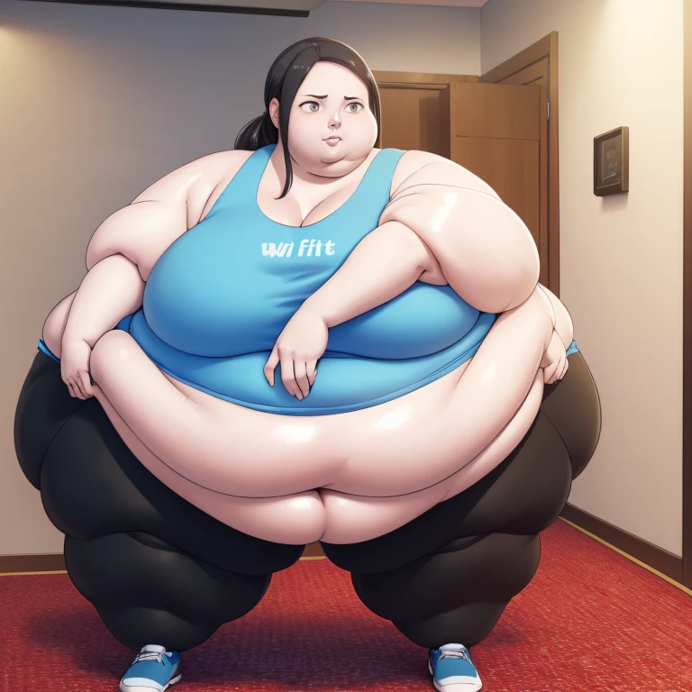 Wii fit trainer, a woman, thick body, extremely white skin, a tall and curvy figure, highres, and a hyper massive voluptuous body. She has large thick fat breasts, (gigantic breasts,  1.5), she has thick breasts, an extremely thick giant fat enormous sexy huge humongous gigantic ass, thick figure. The woman has cute long gray hair, detailed eyes, gray eyes. She has a seductive expression, ahegao expression, moaning. The woman is wearing a large blue tank top and gray yoga pants. She is standing in her bedroom, holding her belly, sweating, moaning, and gaining weight, with a sexy fat body. ((obese, fat, excess fat)), (morbidly obese body:1.5) (fat neck and chin). (Very large thighs) (((Colossal thighs, massive thighs, very large thighs))), full body, masterpiece, (NSFW), (exaggerated proportions), (hentai), (perfect anatomy), ((detailed manga illustration)), (detailed face), (4k wallpaper), (best quality,4k,8k,highres,masterpiece:1.2),ultra-detailed,(realistic,photorealistic,photo-realistic:1.37),HDR,UHD,studio lighting,ultra-fine painting,sharp focus,physically-based rendering,extreme detail description,professional,vivid colors,bokeh,portraits,goth, fantasy