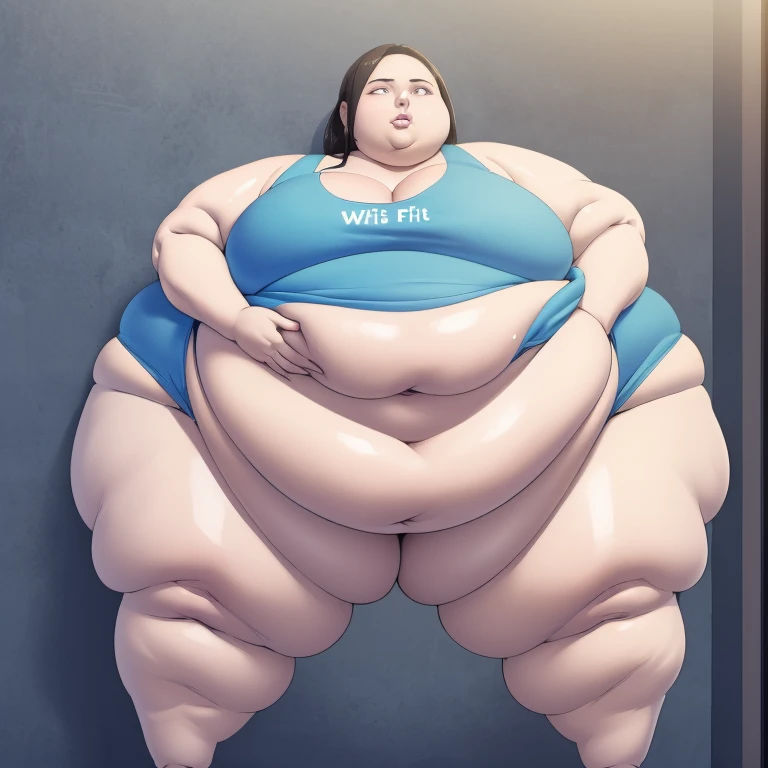 Wii fit trainer, a woman, thick body, extremely white skin, a tall and curvy figure, highres, and a hyper massive voluptuous body. She has large thick fat breasts, (gigantic breasts,  1.5), she has thick breasts, an extremely thick giant fat enormous sexy huge humongous gigantic ass, thick figure. The woman has cute long gray hair, detailed eyes, gray eyes. She has a seductive expression, ahegao expression, moaning. The woman is wearing a large blue tank top and gray yoga pants. She is standing in her bedroom, holding her belly, sweating, moaning, and gaining weight, with a sexy fat body. ((obese, fat, excess fat)), (morbidly obese body:1.5) (fat neck and chin). (Very large thighs) (((Colossal thighs, massive thighs, very large thighs))), full body, masterpiece, (NSFW), (exaggerated proportions), (hentai), (perfect anatomy), ((detailed manga illustration)), (detailed face), (4k wallpaper), (best quality,4k,8k,highres,masterpiece:1.2),ultra-detailed,(realistic,photorealistic,photo-realistic:1.37),HDR,UHD,studio lighting,ultra-fine painting,sharp focus,physically-based rendering,extreme detail description,professional,vivid colors,bokeh,portraits,goth, fantasy