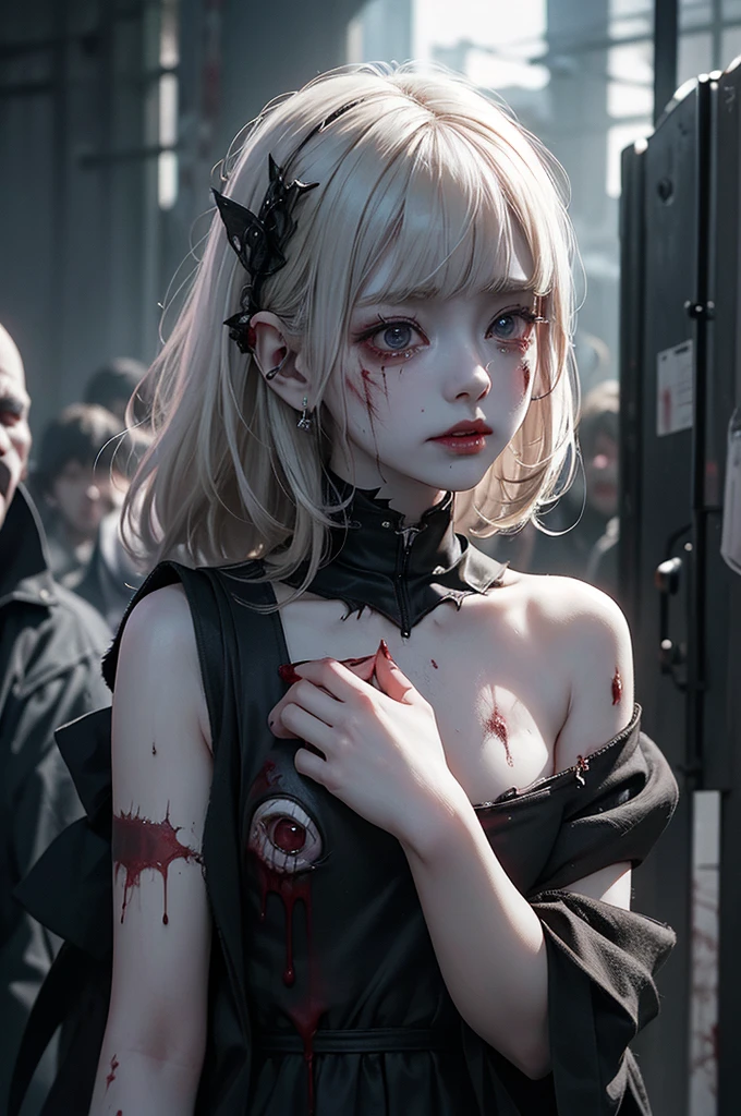 Highest quality, masterpiece, look up, cute,(Horror),(((Beautiful zombie girl))),Dead,Trying to bite,(((Bleeding,Injured))),(((Shedding tears of blood))),((口からBleeding)),((Covered in blood)),(Sexy),(sexy),((Small breasts)),Baby Face,(Middle school students),Blonde,((Masturbation)),(((Blowjob))),(((Sex,sexual behavior))),Beautiful Style,((Pale skin)),Sensual look,Embarrassed,Sexy表情,Expressions of delight,(Dark atmosphere),(Dark atmosphere,fear),((Dim lighting))