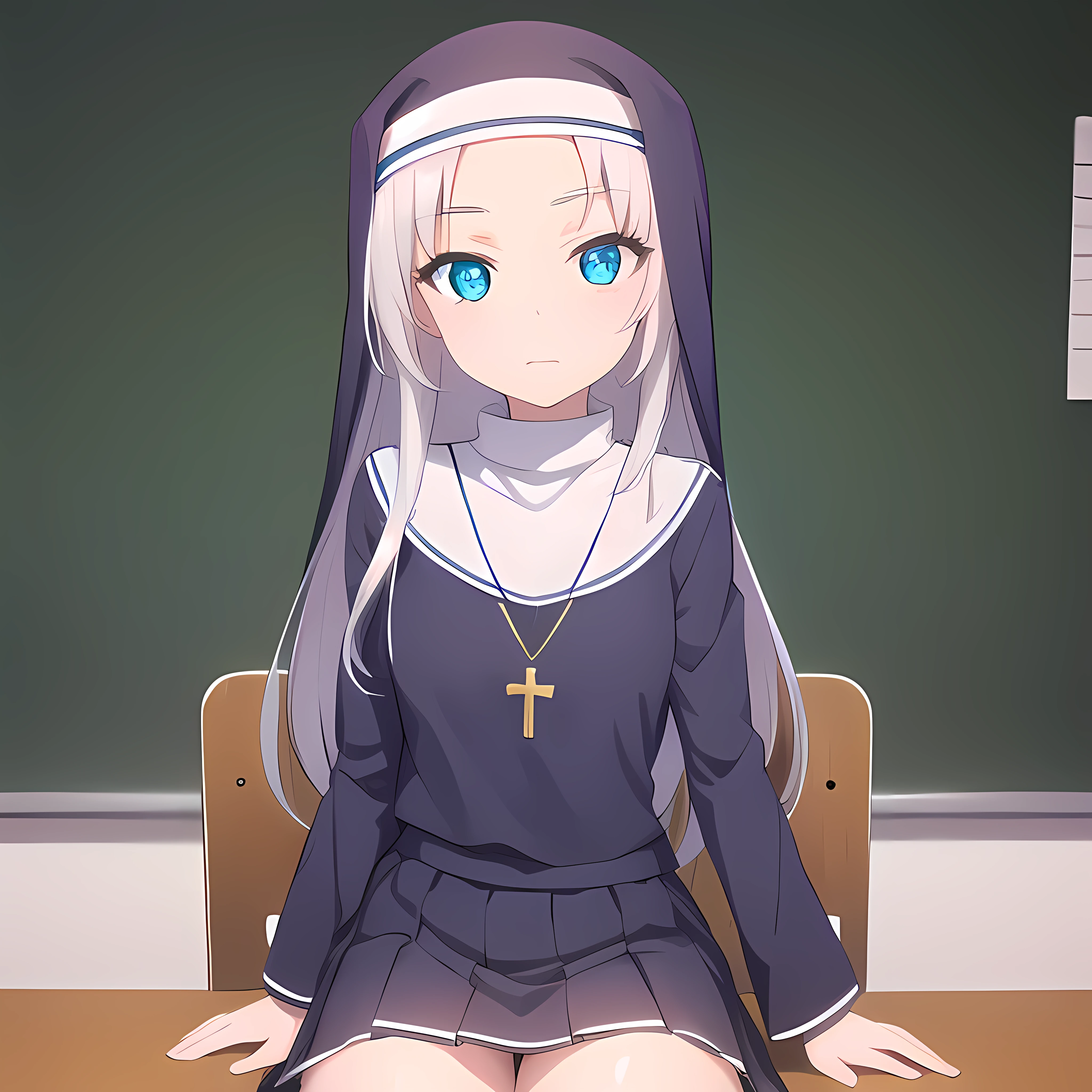 mariatakayama, maria takayama, long hair, blue eyes, fang, aqua eyes,
BREAK jewelry, heart, necklace, nun, habit, white short skirt
BREAK indoors, classroom, seated on desk
BREAK (masterpiece:1.2), best quality, high resolution, unity 8k wallpaper, (illustration:0.8), (beautiful detailed eyes:1.6), extremely detailed face, perfect lighting, extremely detailed CG, (perfect hands, perfect anatomy),