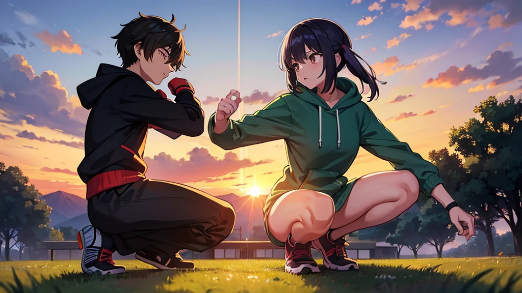 Create an anime-style illustration of two characters in a training session at sunset. The main character, dressed in a hoodie, is shadowboxing, while the other character, looking tired, is crouched on the ground. The scene is set against a backdrop of a suburban area with lush greenery and a dramatic sunset sky with warm hues.
