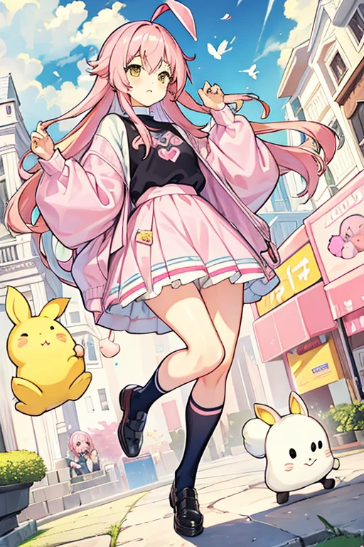 women, pastel pink hair, yellow rabbit sweater, lilac skirt, big socks, black shoes, small 